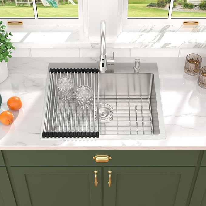 25 Inch Drop In Kitchen Sink with Faucet - 25x22 Drop in Kitchen Sink Premium 16 Gauge 304 Stainless Steel Topmount Single Bowl Sinks with Accessories #TLT-0016