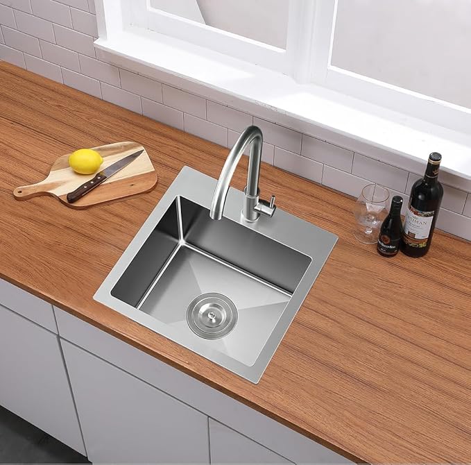 18x18 Inch Bar Sink Drop In Kitchen Sink, Topmount Stainless Steel Square Small Workstation Sinks, Single Bowl Kitchen Sinks for Laundry Wet Bar Prep RV Office Outdoor Yard