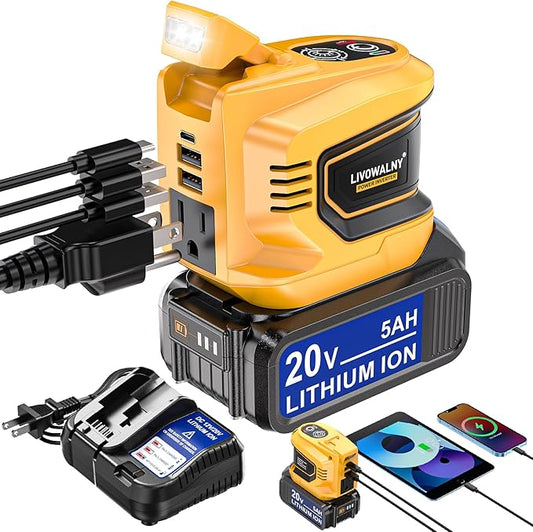 200W Power Inverter Compatible with Dewalt 20V Max, Battery Inverter DC 20V to AC 110V-120V, Portable Power Adapter with a 5AH Battery & a Charging Station & 2 USB-A & 1 Type-C & 1 AC Outlet