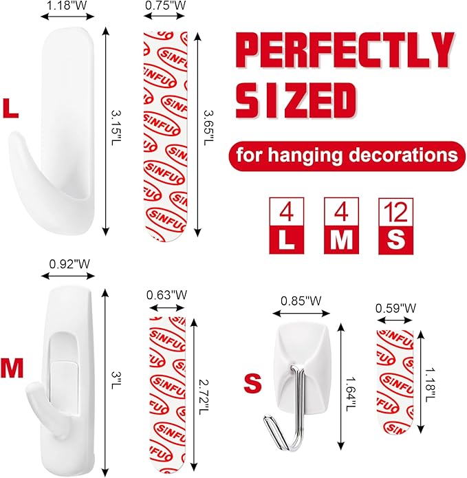 20 Hooks for Hanging Variety Pack,Adhesive Wall Hooks Heavy Duty with 20 Stirps,no Damage Large midium Small Sticky Utility Hooks for Outdoor、Tower、Keys