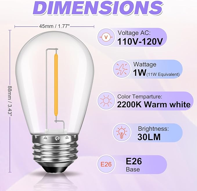 28 Pack S14 Bulbs for Outdoor String Lights, Shatterproof LED Replacement Bulbs for Patio String Lights Outdoor Waterproof, E26 Base, Soft White 2200K, Dimmable