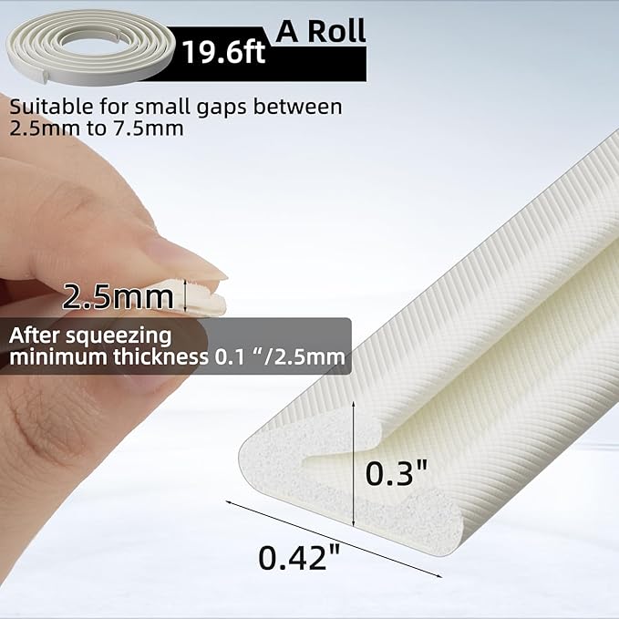 1 Pack*19.6 Ft Self-Adhesive V Shape Foam Window Weather Stripping Door Seal Insulation Strip for Winter, Soundproof Exterior Front Frame Gap Filler, Draft Stopper Tape Noise Light Blocker (White)