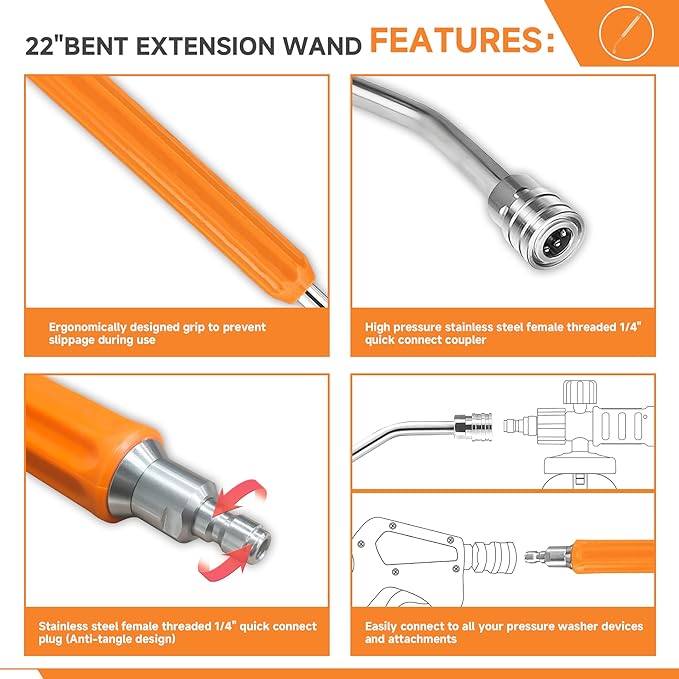 22" Pressure Washer Extension Wand/bend,Stainless Steel 1/4"Quick Connect Power Washer Lance,Short power Washer Wand Replacement For Car Wash,Pressure Washer Accessories
