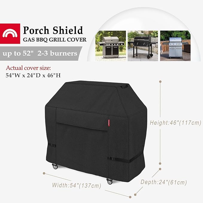 Porch Shield 54W x 24D x 46H inch Premium Gas Grill Cover Up to 52 inch, Waterproof and Fade Resistant 600D BBQ Covers for Weber, Brinkmann, Char-Broil and More, Black