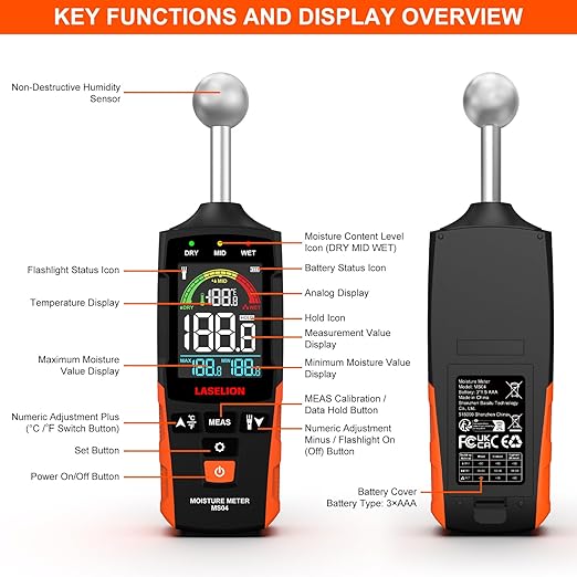 MS04 Pinless Moisture Meter with Ball Probe for Non-Destructive Area Scans Ideal for Wood Walls and Construction Materials Customizable Humidity Alarms Built-in Flashlight
