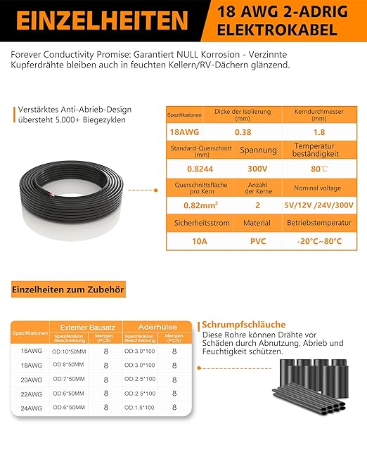 18 AWG 2 Conductor Stranded PVC Electrical Wire - 82.02FT, Oxygen-Free Tinned Copper Core, 12V/24V Low Voltage Flexible Cable for Automotive/Marine LED Strips, Solar Lighting, RV Wiring