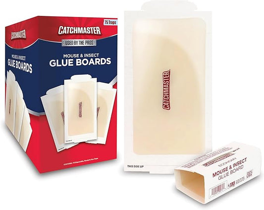 Catchmaster Pro Strength Mouse and Insect Glue Boards, 75-Pack Mouse Traps Indoor for Home, Sticky Pest Control Adhesive for Catching Bugs, Small Mice & Rodents, Non Toxic Bulk Glue Traps