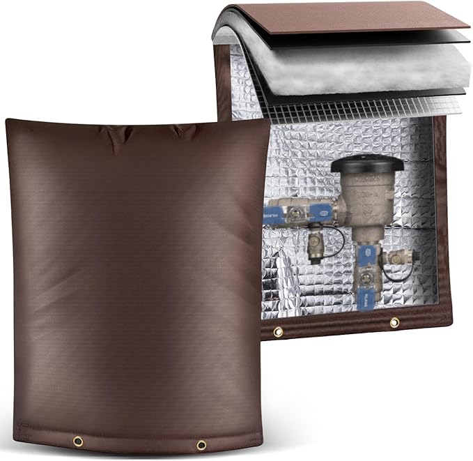 Outdoor Pipe Insulation Cover, Waterproof Backflow Preventer Cover for Winter Freeze Protection, Heavy-Duty 5-Layer Fabric Insulated Wrap for Sprinklers and Valves 16W x 20H inches- Brown