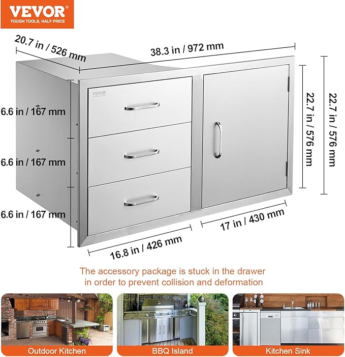 VEVOR BBQ Island Drawers 38.1W x 22.6H x 20.8D, Outdoor Kitchen Door Drawer Combo Cabinets, BBQ Access Door/Triple Drawers Combo, Stainless Steel Handles, Perfect for BBQ Island Patio Grill Station