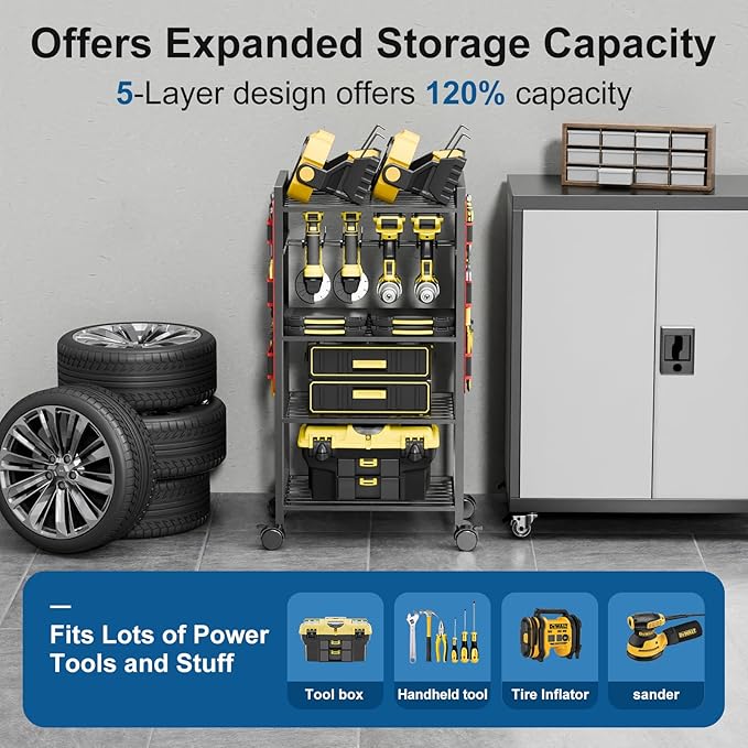 5 - Tier Power Tool Organizer Cart - 300 lbs Heavy Duty Utility Rack Shelf, Rolling Drill Holder & Tool Storage Cart on Wheels for Garage, Workshop, Ideal Gift for Men (no Power)