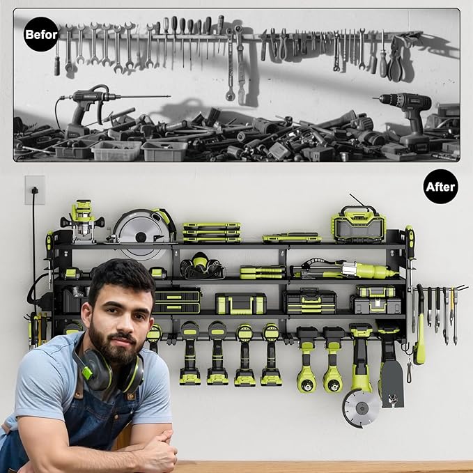 12 Cordless Drill Holder Large Power Tool Organizer Wall Mount with Side Pegboard & Screwdriver Holder, 4-Tier Heavy Duty Metal Tool Storage Rack with 4-Outlet Power Strip