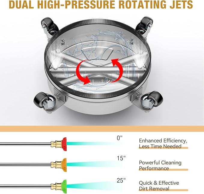 14" Pressure Washer Surface Cleaner with 4 Wheels, Stainless Steel Housing, 4000 PSI Max, 3 Connect Nozzles & 2 Extension Wands, Pressure Washer Surface Cleaner for Concrete, Patios, Sidewalks