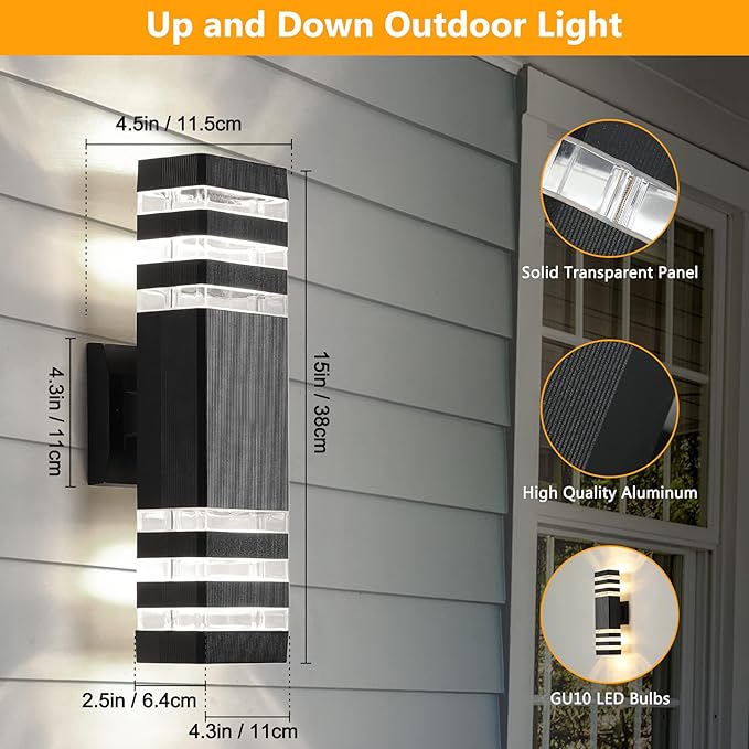 tewei Up and Down Outdoor Lights Exterior Wall Light Fixture, 3-Layer Black Modern Outdoor Lights for House, IP65 Waterproof Aluminum Exterior Wall Sconce for Porch Garage, Warm White 3000K, 2 Pack