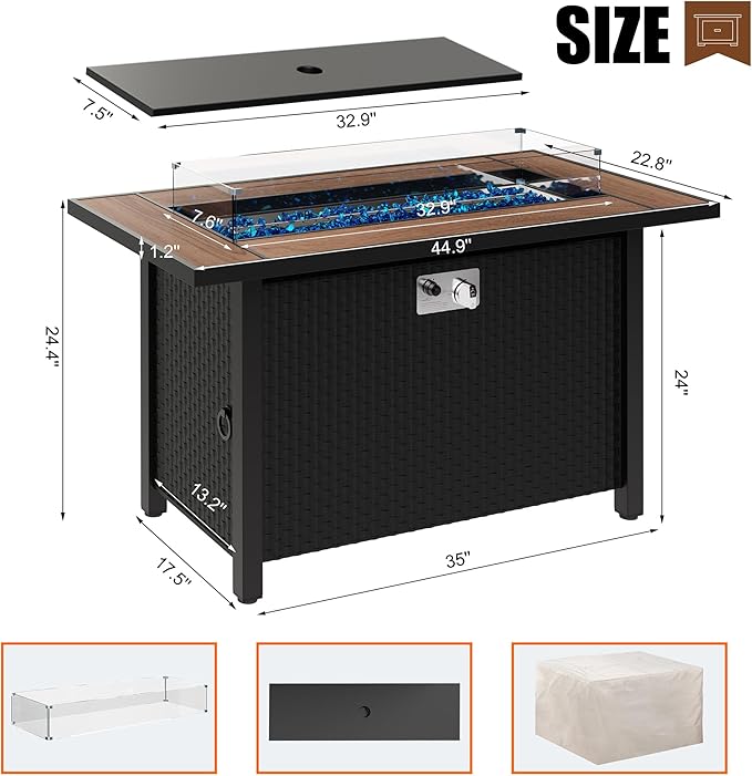 45 inch Outdoor Propane Fire Pit 50,000 BTU Gas Fire Pit Table with Walnut Tabletop, Glass Wind Guard, Waterproof Cover, Rectangle Gas Firepit Table for Garden/Patio,CSA Certification