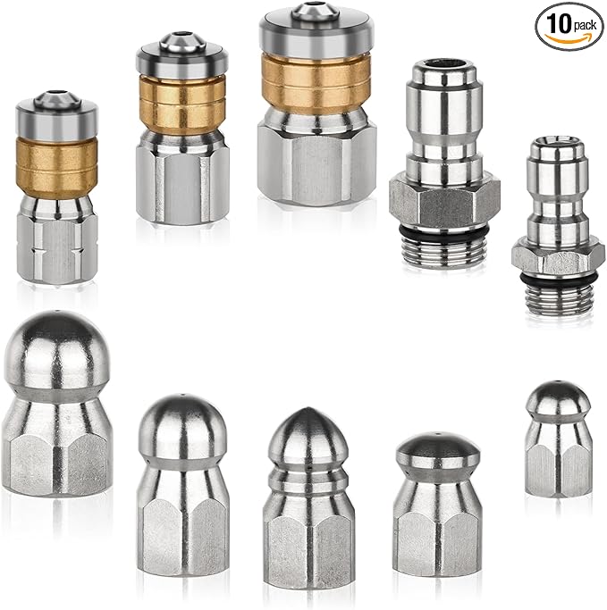10Pcs Sewer Jetter Kit,Sewer jetter Nozzle, Sewer Rotary Button Pressure Cleaning Accessory, 5000 PSI High-Pressure Nozzle Heads Quick Connection Kit.