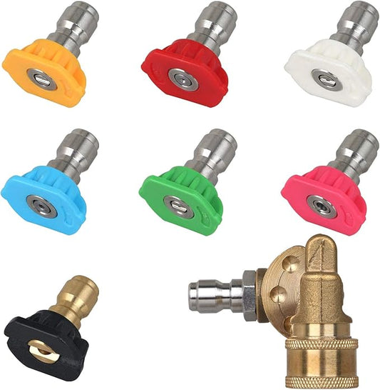 STYDDI Pressure Washer Quick-Connect Pivoting Coupler Kit, 7 Pack Power Washer Nozzle Tips and Quick Connect Pivot Adapter Coupler with 5 Different Angles, 1/4 inch, 2.5 GPM, 4500 PSI