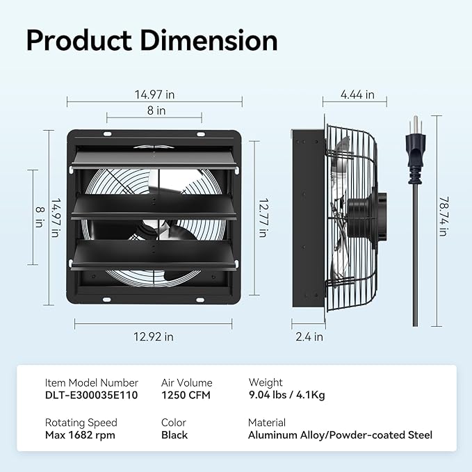 addlon 12 Shutter Exhaust Fan Wall Mounted with EC Motors and Remote Control, Timer, 8 Speeds, 1250CFM, Low Noise, Easy to Install, Plug in Ventilation Fan for Garages, Shops, Greenhouse, Attic