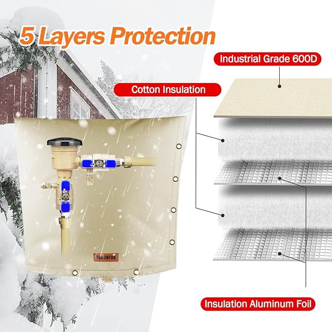 TOHONFOO 2-Way Opening Backflow Preventer Pipe Insulation Cover (5°F) - Irrigation Sprinkler Valve Cover - Water Well Pump Cover - Sturdy 5 Layers for Winter Freeze Protection (24" W x 24" H, Beige)