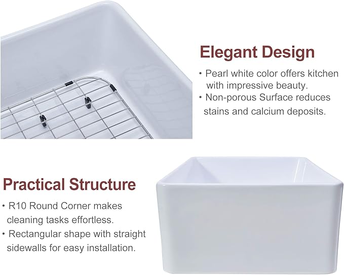 24 x 16 Inch Apron-Front White Porcelain Ceramic Fireclay Kitchen Farmhouse sink, Single Basin Country Barn Small Farm Sinks Combo with Bottom Grid & Drain Strainer