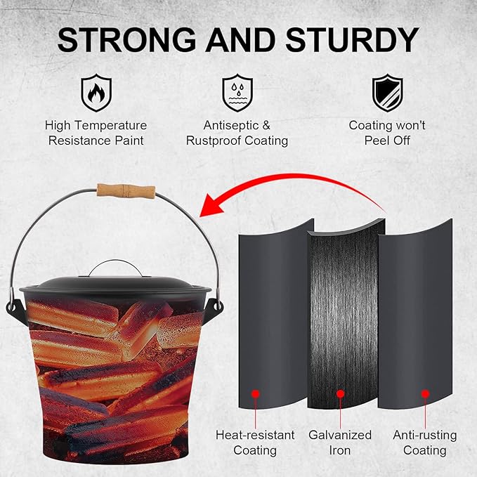 Ash Bucket with Lid, Shovel and Hand Broom, 2.6 Gallon Fireplace Metal Bucket Reinforced Base & Ash Can, Fire Pit,Wood Burning Stove for Fireplace, (Ash Bucket-2.6Gallon)