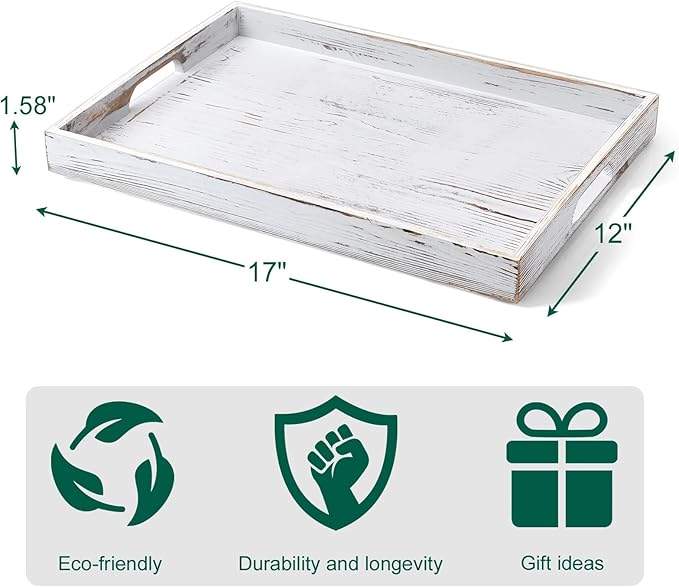 17 Inch Rustic White Serving Tray with Handles - Large Wooden Tray for Ottoman, Breakfast in Bed, Dinner, Coffee Table - Decorative Rectangular Tray for Living Room Bedroom Entryway and Kitchen Decor