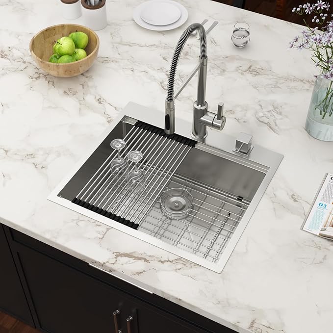 25x22 Drop In Kitchen Sink 16 Gauge Stainless Steel Workstation Kitchen Sinks Handmade Topmount Single Bowl Sink with Accessories, 25x22x9