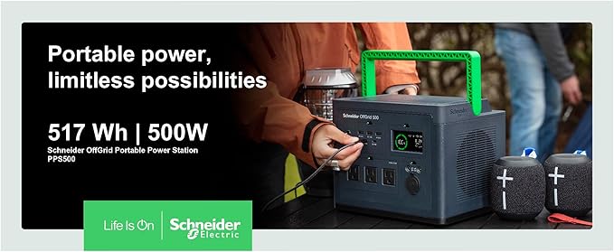 Schneider OffGrid Portable Power Station 500, 517Wh Portable Solar Generator for Camping or Home, PPS500, Wireless phone charger, solar generator options