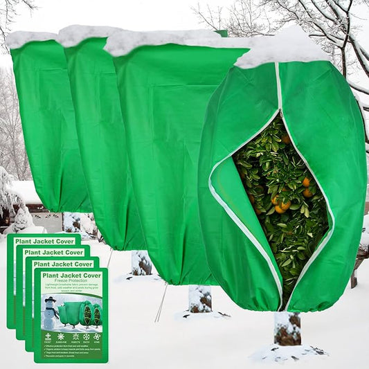 SPORTYOUTH 4 Pack Plant Covers Freeze Protection, 47.2" x 72" Large Winter Frost Blankets Cloth with Zipper Drawstring, 2.4 oz Reusable Jacket Cover Bags for Outdoor Plants Shrub Bush Tree Potted