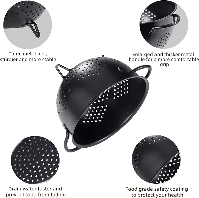 Metal Colander 5 Quart Powder Coated Self-draining Metal Strainer with Base,Kitchen Pasta Fruit Vegetable Basket with Double Handles (Light Black)