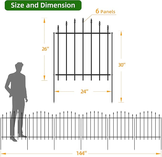 Metal Garden Fence 26 in H x 12 ft L, 6 Panels + 7 Stakes Border Dog Fence Panels Animal Barrier, No Dig Garden Fencing for Yard Patio Flower Bed Lawn Outdoor, Arch Black