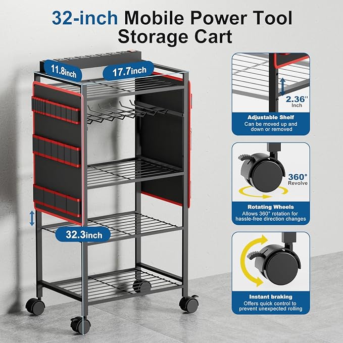 5-Tier Power Tool Organizer Cart with Charging Station - 8 AC Outlets, 300 lbs Heavy Duty Utility Rack, Rolling Drill Holder & Tool Storage Cart on Wheels for Garage, Workshop, Gift for Men