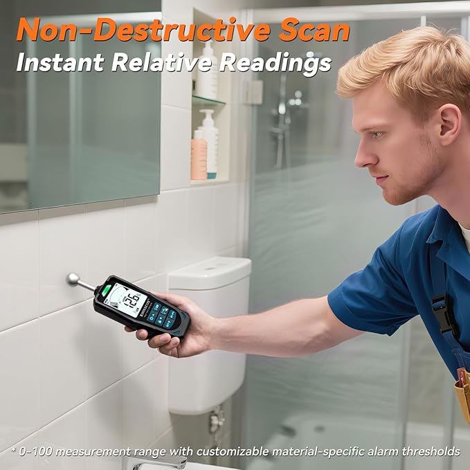 2-in-1 Pin & Pinless Moisture Meter, Digital Moisture Detector for Wood, Drywall & Building Materials, Large LCD Display, 3-Color Indicator, Calibration, Rechargeable Battery