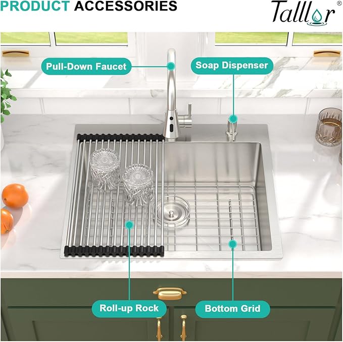 25 Inch Drop In Kitchen Sink with Faucet - 25x22 Drop in Kitchen Sink Premium 16 Gauge 304 Stainless Steel Topmount Single Bowl Sinks with Accessories #TLT-0016