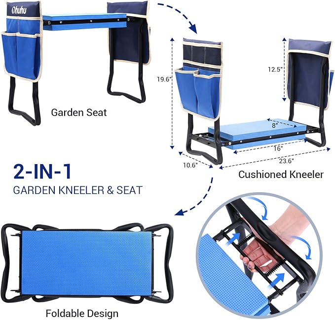 Ohuhu Garden Stool Garden Kneeler and Seat, Foldable Gardening Bench Heavy Duty with Thicker Wider Kneeling Pad 2 Large Tool Pouches Gifts for Fathers Day Men Gardener Parents Elders Friends