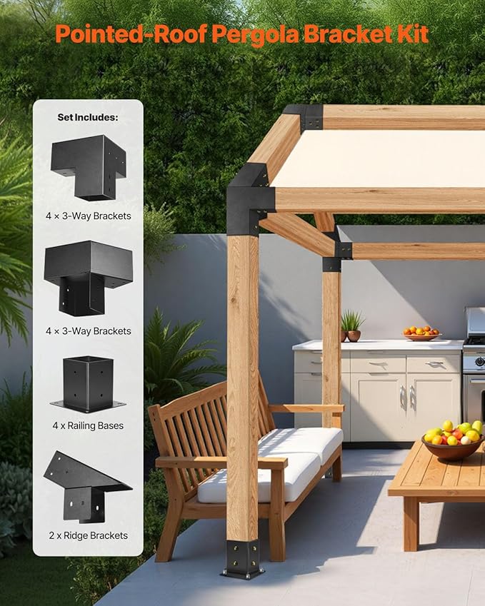 VEVOR Pergola Kit, 4x4 Inch Pointed-Roof Pergola Brackets for 3.5x3.5 in Lumbers in Actual Size, 3-Way / 4-Way Gazebo Bracket with Post Bases & Ridge Brackets for Outdoor Pergolas Gazebo Shed, 14 Pcs