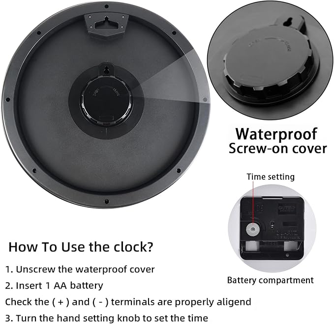 Caysie 16 Inch Sealed Large Outdoor Clock Waterproof, Silent Battery Operated Weatherproof Wall Clocks for Pool Patio Outside Home (Black)