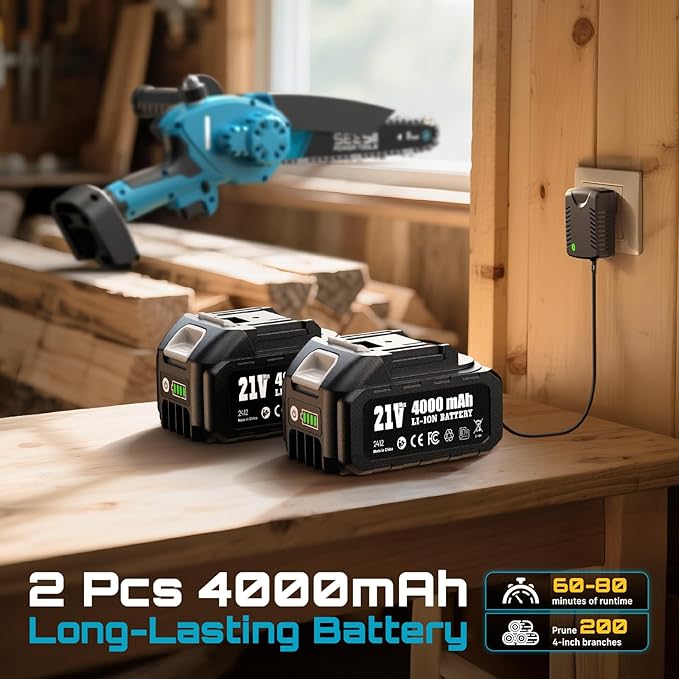 Mini Chainsaw Cordless Battery Powered: 8 inch & 6 inch Electric Chain Saw with 2 Pack 4000mA Batteries, Handheld Saw for Trees Branches Trimming Wood Cutting, Gardening Tools for Dad Husband Men