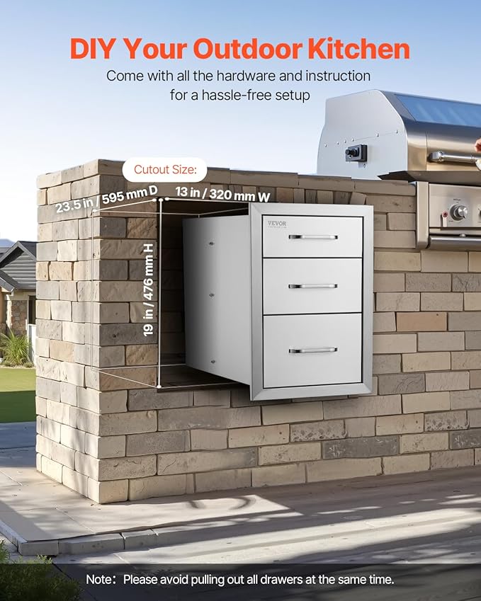VEVOR 14x20.3 Inch Outdoor Kitchen Drawers Stainless Steel, Flush Mount Triple Drawer, 14W x 20.3H x 23D Inch, with Stainless Steel Handle, BBQ Drawers for Outdoor Kitchens or BBQ Island