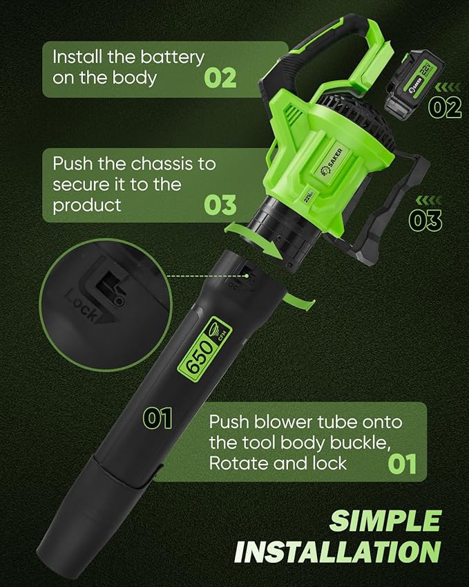 Saker Cordless Leaf Blower 650CFM 22V Electric Blowers with 2x5.0Ah Batteries 3-Speed Lightweight Blowers for Lawn Care, Yard Cleaning, Blowing Leaves, Dust, Snow Green SK-LB650