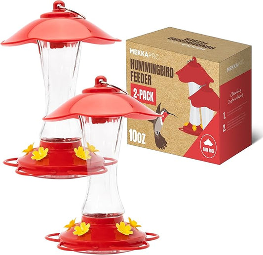 MEKKAPRO Hummingbird Feeders for Outdoors Glass - Red Hummingbird Feeders for Outdoors, Metal Ring, Bee-Proof Design, Easy Assembly, Red Hummingbird Feeder 10 oz (2-Pack)