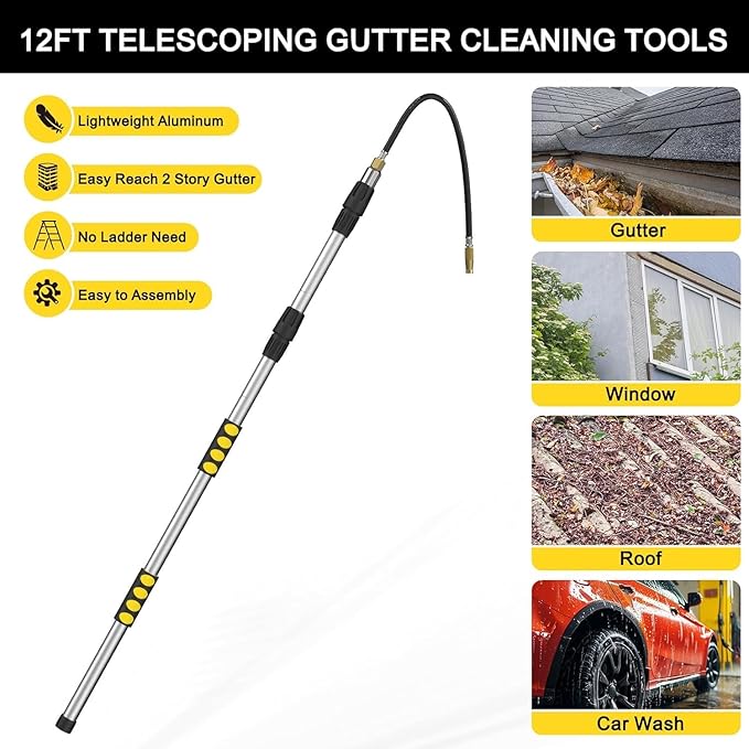 20FT Reach Gutter Cleaning Tools from Ground, Telescopic Rain Gutter Cleaners Tool with Quick Connect Adapter and Bendable Wand for 2nd Story House