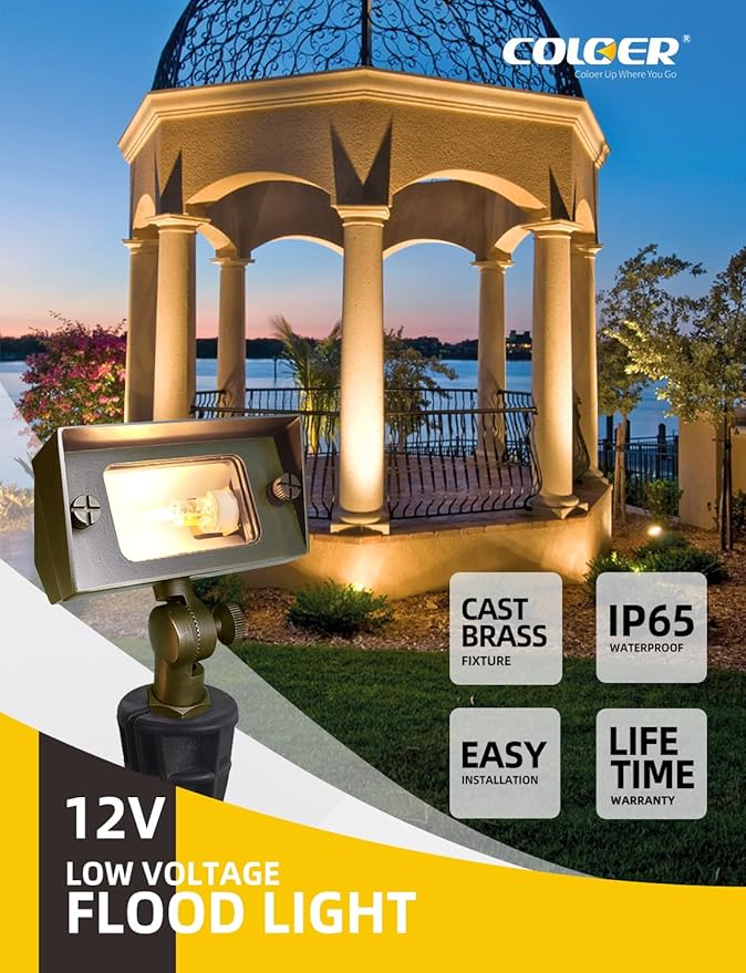 COLOER Brass Small Rectangular Flood Lights Outdoor 1-Pack Without Bulb, 12V Low Voltage Landscape Outside Lights for House Illuminating Signs, Walls and Plant Material