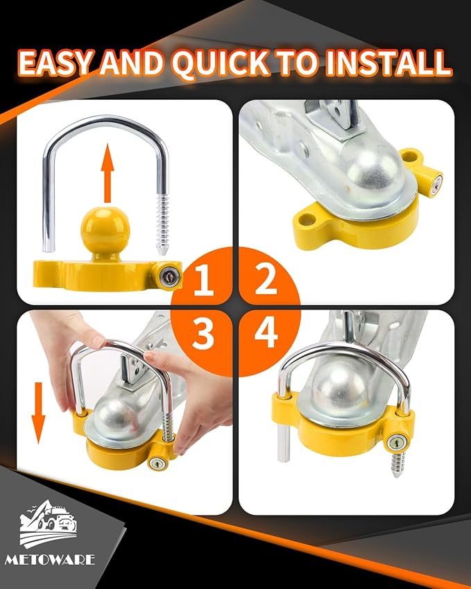 METOWARE Trailer Coupler Lock Universal Adjustable Heavy-Duty Steel Trailer Hitch Lock, Anti Theft Trailer Ball Lock Towing Lock for Towing Trailer Security Fits 1-7/8",2”, 2-5/16" Coupler Yellow