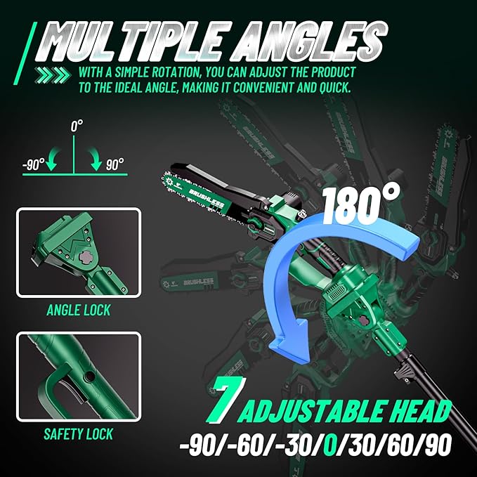2-in-1 Electric Pole Saws for Tree Trimming,8" Mini Chainsaw Cordless with Extension Pole, 1200W Brushless Motor,Auto Oiling,16.18 FT Max Reach Extension Pole for Outdoors Pruning with 2×Batteries