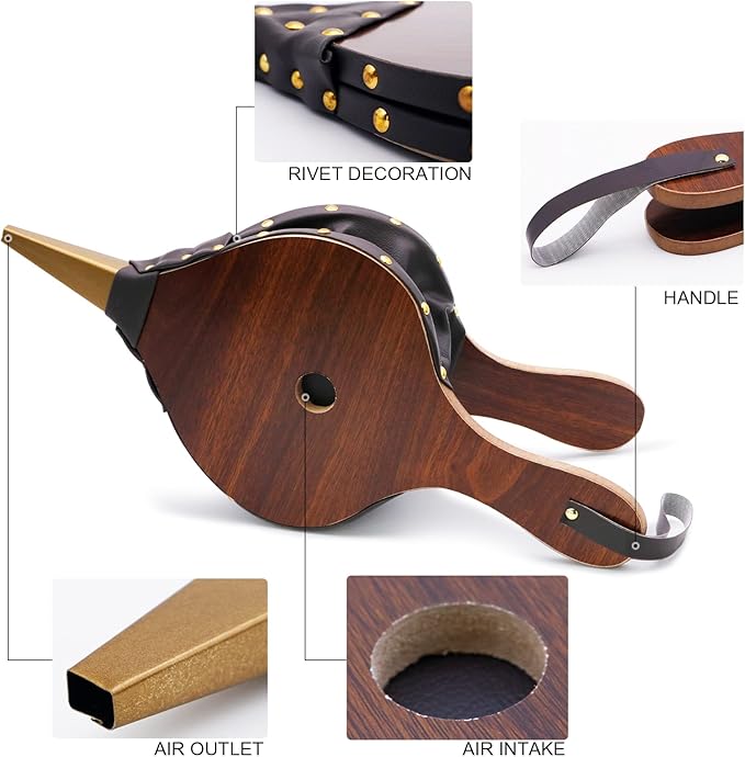 Wood Fireplace Bellows 17''x7.5'' with Hanging Leather Strap, Brown Air Bellower for Outdoor BBQ and Camping