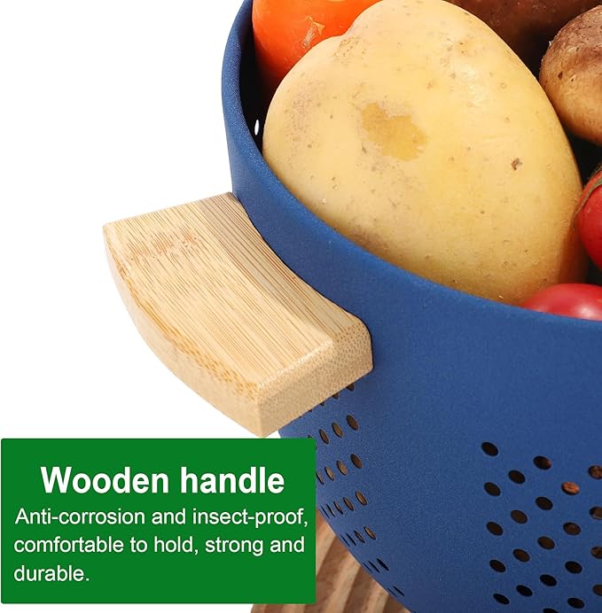 Metal Colander with Wood Handle, 5.5 Quart Powder Coated Steel Large Kitchen Strainer Stable Base,(Deep Blue, 11.26inch)