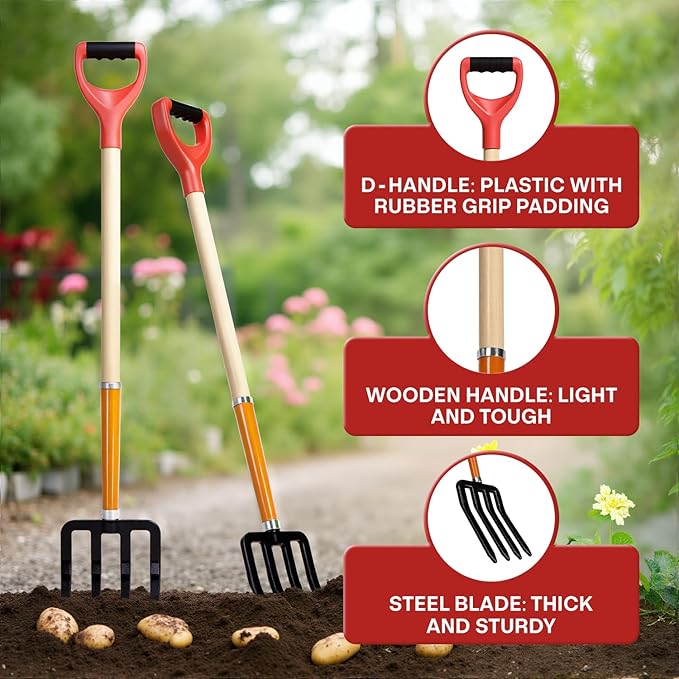 Idzo Garden Pitch Fork, 4-Tine Steel Digging Fork with 45-Inch Wooden Handle, Heavy Duty Spading Fork for Compost, Soil, Mulch, and Yard Work, Strong Y-Grip Design, Essential for Gardeners