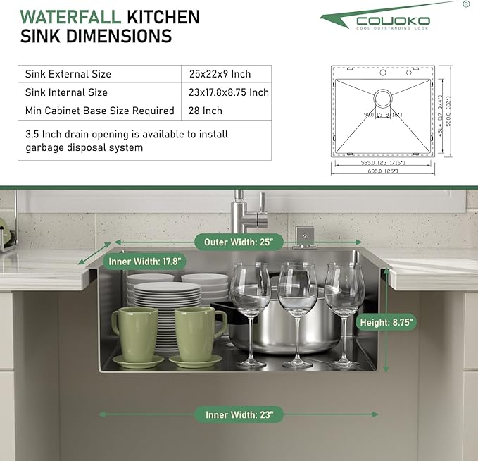 25 x 22 Inch Drop In Kitchen Sink Stainless Steel Single Bowl 25 Inch Drop In RV Laundry Utility Sink Large Deep Handmade Topmount Sinks 25"x22"x9"