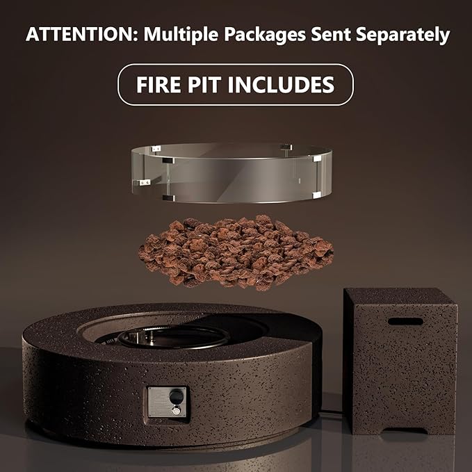 COSIEST 42 inch Outdoor Propane Fire Pit Coffee Table w Concrete Round Base Patio Heater, CSA Certified, 50,000 BTU Stainless Steel Burner, Free Lava Rocks, Rain Cover, Wind Guard, Tank Cover