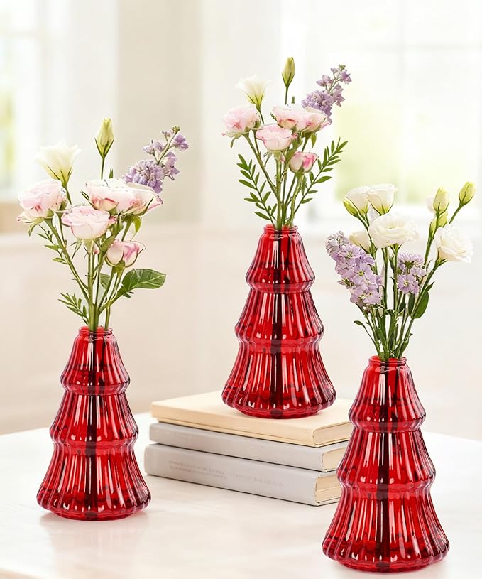 Nacome 3Pcs Tree-Shaped Glass Plant Terrarium,Planter Propagation Station Christmas Tree Decorations for Hydroponics Home Office, Unique Gifts for Plant Lovers Women Mom(Red)